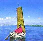 Reed boat on Lake Titicaca near Puno, Peru